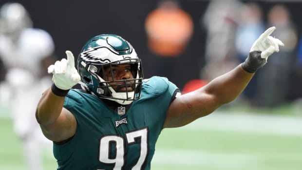 Javon Hargrave celebrates a big play in Eagles' 32-6 rout of the Atlanta Falcons on opening day